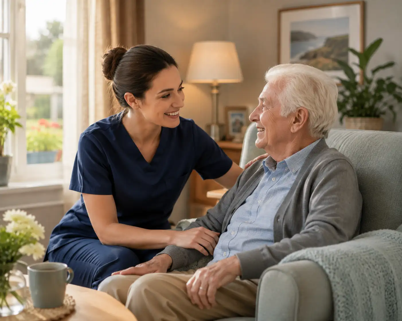 Home care nurse supporting an older woman at home