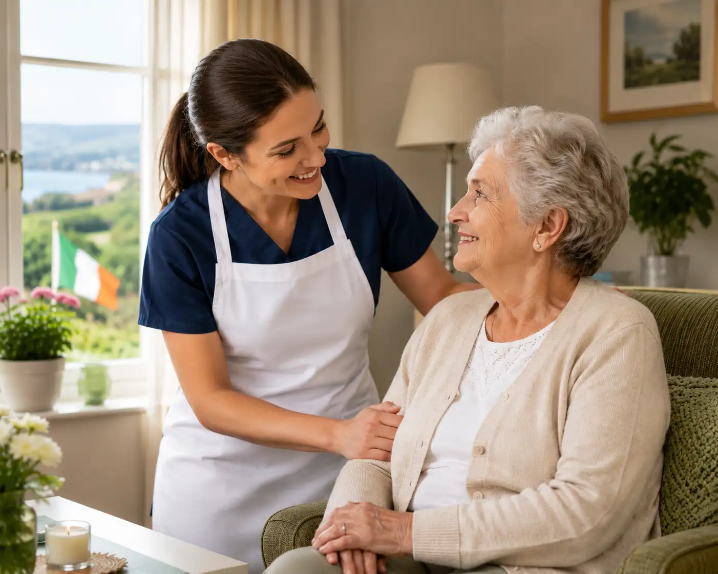 Home care nurse supporting an older woman at home